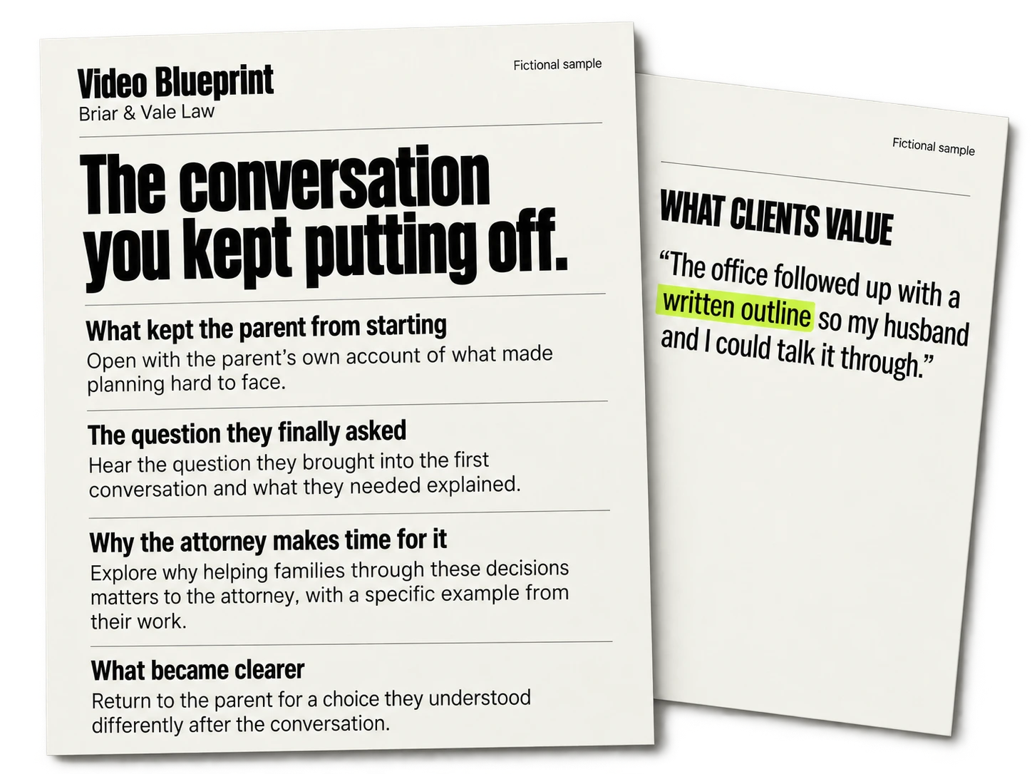 Fictional Briar & Vale Law Video Blueprint showing a proposed brand film and the client review behind it.