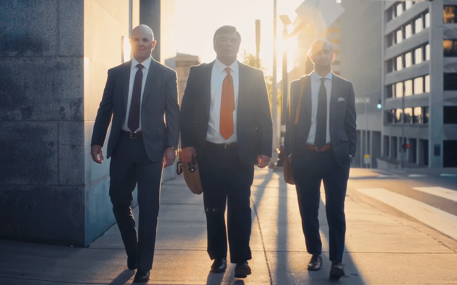 Attorneys walking outside a courthouse in a cinematic FAQ video still